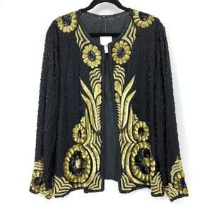 Vintage Silk Sequin Beaded Jacket Womens XL Open Front Evening Top Black Gold
